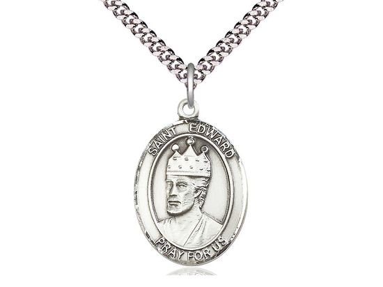 Sterling Silver St Edward the Confessor Pendant on a 24&quot; Light Rhodium Heavy Curb Chain