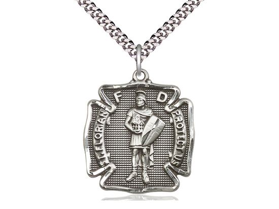 Sterling Silver St. Florian Firefighers Badge Medal on a 24&quot; Light Rhodium Heavy Curb Chain