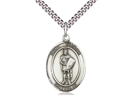 Sterling Silver St Florian Pendant on a 24&quot; Light Rhodium Heavy Curb Chain