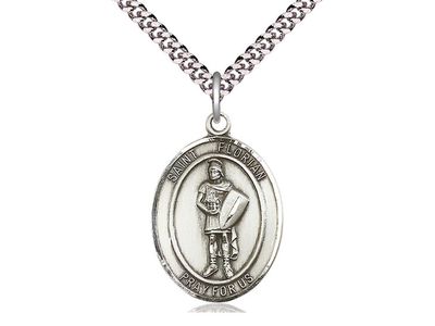 Sterling Silver St Florian Pendant on a 24&quot; Light Rhodium Heavy Curb Chain