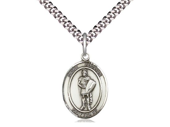 Sterling Silver St Florian Pendant on a 24&quot; Light Rhod. Heavy Curb Chain