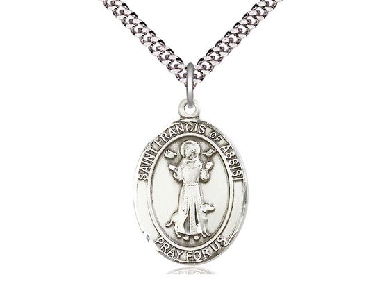 Sterling Silver St Francis of Assisi Pendant on a 24&quot; Light Rhodium Heavy Curb Chain