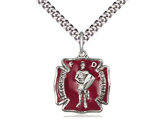Sterling Silver Red Enamel St Florian Pendant on a 24&quot; Light Rhodium Heavy Curb Chain