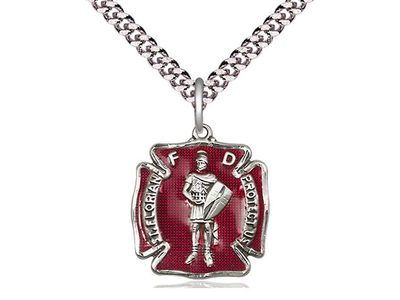 Sterling Silver Red Enamel St Florian Pendant on a 24&quot; Light Rhodium Heavy Curb Chain