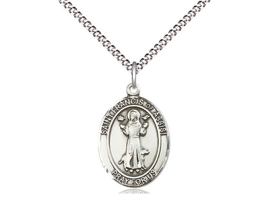 Sterling Silver St Francis of Assisi Pendant on a 18&quot; Light Rhodium Light Curb Chain