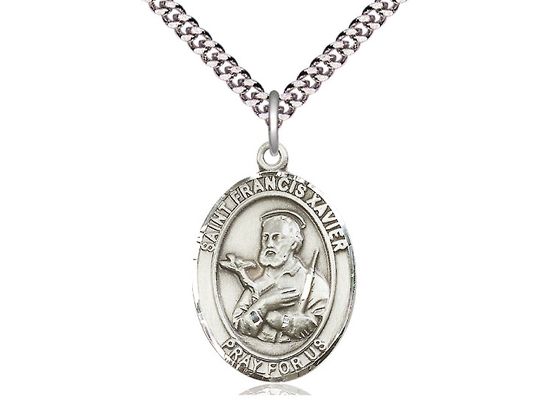 Sterling Silver St Francis Xavier Pendant on a 24&quot; Light Rhodium Heavy Curb Chain