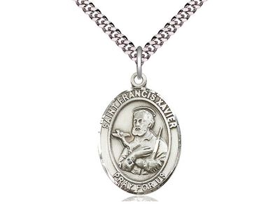 Sterling Silver St Francis Xavier Pendant on a 24&quot; Light Rhodium Heavy Curb Chain