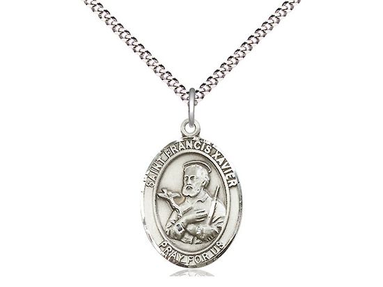 Sterling Silver St Francis Xavier Pendant on a 18&quot; Light Rhodium Light Curb Chain