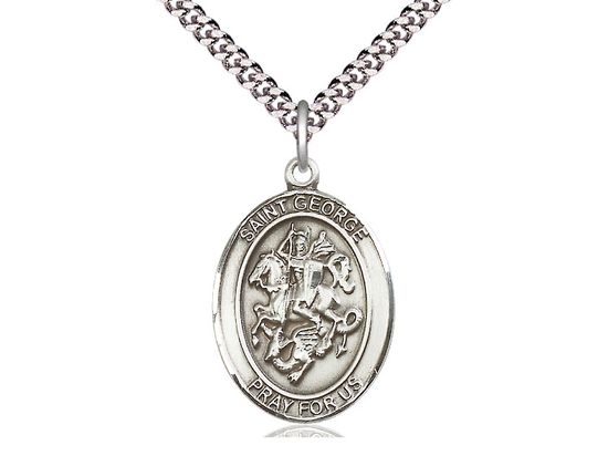 Sterling Silver St George Pendant on a 24&quot; Light Rhodium Heavy Curb Chain