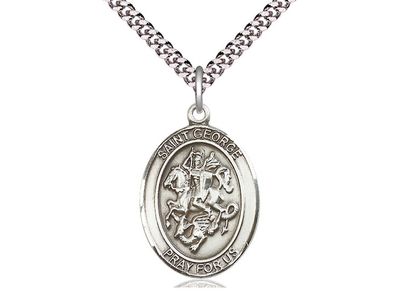 Sterling Silver St George Pendant on a 24&quot; Light Rhodium Heavy Curb Chain