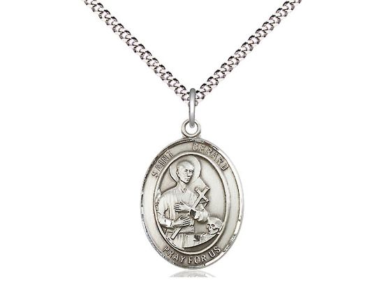 Sterling Silver St Gerard Majella Pendant on a 18&quot; Light Rhodium Light Curb Chain