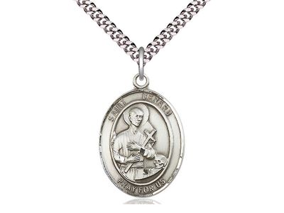 Sterling Silver St Gerard Majella Pendant on a 24&quot; Light Rhodium Heavy Curb Chain