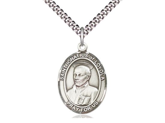 Sterling Silver St Ignatius of Loyola Pendant on a 24&quot; Light Rhodium Heavy Curb Chain