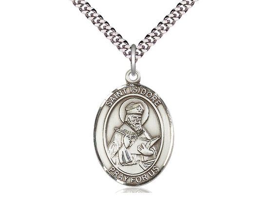 Sterling Silver St Isidore of Seville Pendant on a 24&quot; Light Rhodium Heavy Curb Chain