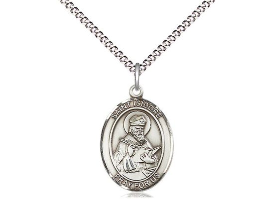 Sterling Silver St Isidore of Seville Pendant on a 18&quot; Light Rhodium Light Curb Chain