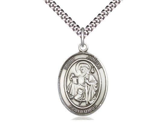 Sterling Silver St James the Greater Pendant on a 24&quot; Light Rhodium Heavy Curb Chain