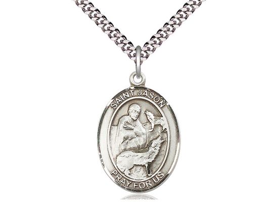 Sterling Silver St Jason Pendant on a 24&quot; Light Rhodium Heavy Curb Chain.