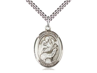 Sterling Silver St Jason Pendant on a 24&quot; Light Rhodium Heavy Curb Chain.