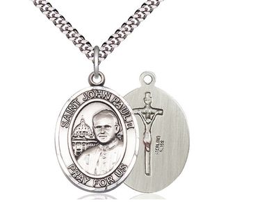 Sterling Silver St John Paul II Pendant on a 24&quot; Light Rhodium Heavy Curb Chain