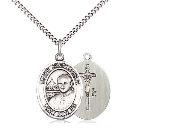 Sterling Silver St John Paul II Pendant on a 18&quot; Light Rhodium Light Curb Chain
