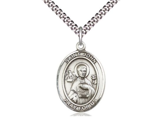 Sterling Silver St John the Apostle Pendant on a 24&quot; Light Rhodium Heavy Curb Chain
