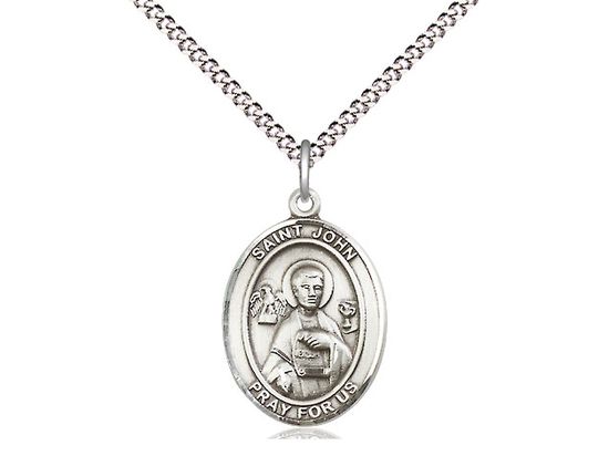 Sterling Silver St John the Apostle Pendant on a 18&quot; Light Rhodium Light Curb Chain