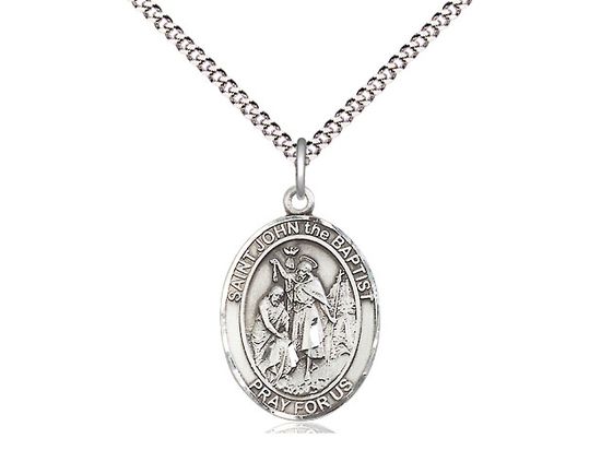 Sterling Silver St John the Baptist Pendant on a 18&quot; Light Rhodium Light Curb Chain