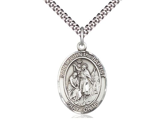 Sterling Silver St John the Baptist Pendant on a 24&quot; Light Rhodium Heavy Curb Chain