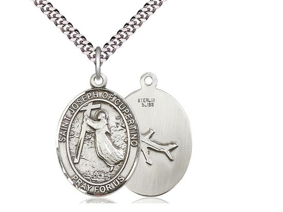 Sterling Silver St Joseph of Cupertino Pendant on a 24&quot; Light Rhodium Heavy Curb Chain