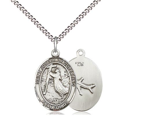 Sterling Silver St Joseph of Cupertino Pendant on a 18 inch Light Rhodium Light Curb Chain