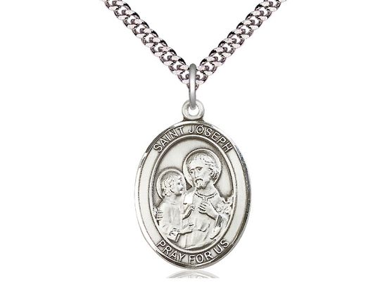 Sterling Silver St Joseph Pendant on a 24&quot; Light Rhodium Heavy Curb Chain.