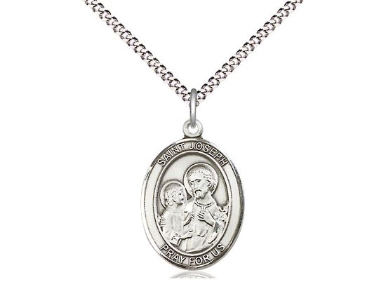 Sterling Silver St Joseph Pendant on a 18&quot; Light Rhodium Light Curb Chain