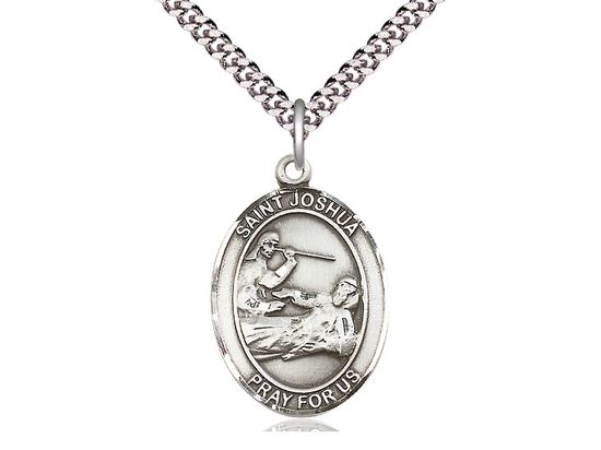 Sterling Silver St Joshua Pendant on a 24&quot; Light Rhodium Heavy Curb Chain
