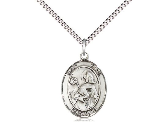 Sterling Silver St Kevin Pendant on a 18&quot; Light Rhodium Light Curb Chain