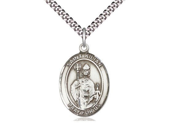 Sterling Silver St Kilian Pendant on a 24&quot; Light Rhodium Heavy Curb Chain