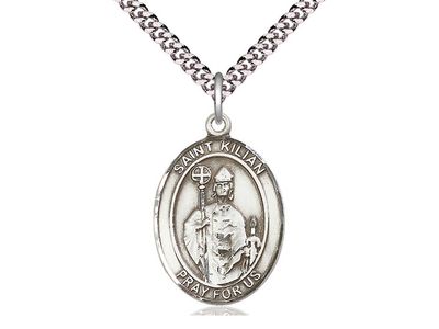 Sterling Silver St Kilian Pendant on a 24&quot; Light Rhodium Heavy Curb Chain
