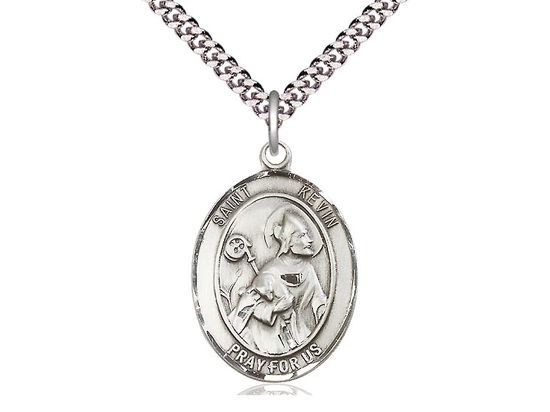 Sterling Silver St Kevin Pendant on a 24 inch Light Rhodium Heavy Curb Chain