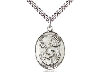 Sterling Silver St Kevin Pendant on a 24 inch Light Rhodium Heavy Curb Chain