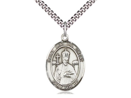 Sterling Silver St Leo the Great Pendant on a 24&quot; Light Rhodium Heavy Curb Chain