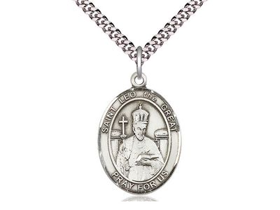 Sterling Silver St Leo the Great Pendant on a 24&quot; Light Rhodium Heavy Curb Chain
