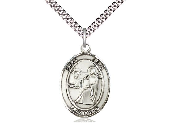 Sterling Silver St Luke the Apostle Pendant on a 24&quot; Light Rhodium Heavy Curb Chain