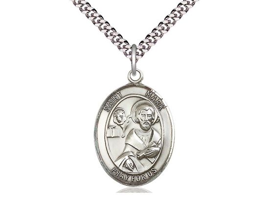 Sterling Silver St Mark the Evangelist Pendant on a 24&quot; Light Rhodium Heavy Curb Chain