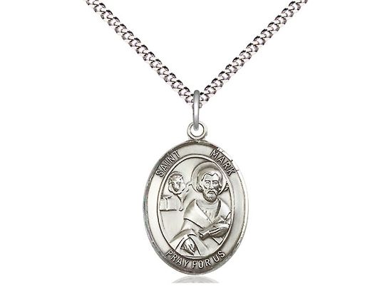 Sterling Silver St Mark the Evangelist Pendant on a 18&quot; Light Rhodium Light Curb Chain