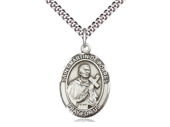 Sterling Silver St Martin de Porres Pendant on a 24&quot; Light Rhodium Heavy Curb Chain