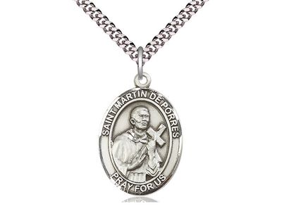 Sterling Silver St Martin de Porres Pendant on a 24&quot; Light Rhodium Heavy Curb Chain