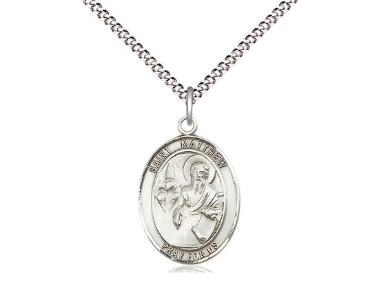 Sterling Silver St Matthew the Apostle Pendant on a 18&quot; Light Rhodium Light Curb Chain