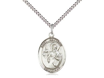 Sterling Silver St Matthew the Apostle Pendant on a 18&quot; Light Rhodium Light Curb Chain