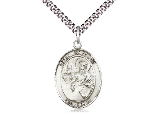 Sterling Silver St Matthew the Apostle Pendant on a 24&quot; Light Rhodium Heavy Curb Chain