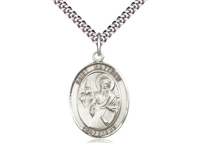 Sterling Silver St Matthew the Apostle Pendant on a 24&quot; Light Rhodium Heavy Curb Chain