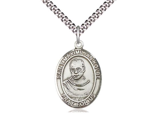 Sterling Silver St Maximilian Kolbe Pendant on a 24&quot; Light Rhodium Heavy Curb Chain
